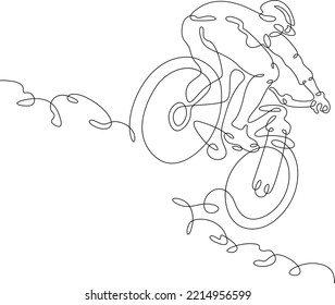 One continuous line. The cyclist descends the mountain. Mountain bike. The athlete rides a bike. One continuous line is drawn on a white background.