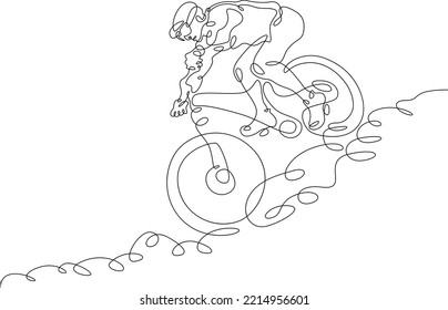 One continuous line. The cyclist descends the mountain. Mountain bike. The athlete rides a bike. One continuous line is drawn on a white background.