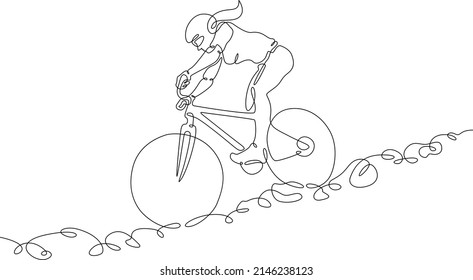 One continuous line. Cyclist on a bike in the mountains. Mountain bike. Extreme sport.Woman cyclist.One continuous line drawn isolated, white background.