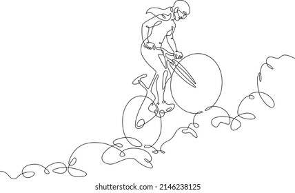 One continuous line. Cyclist on a bike in the mountains. Mountain bike. Extreme sport.Woman cyclist.One continuous line drawn isolated, white background.