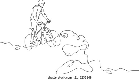 One Continuous Line. Cyclist On A Bike In The Mountains. Mountain Bike. Extreme Sport.Man Cyclist.One Continuous Line Drawn Isolated, White Background.