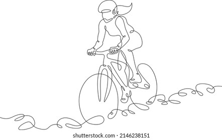 One Continuous Line. Cyclist On A Bike In The Mountains. Mountain Bike. Extreme Sport.Woman Cyclist.One Continuous Line Drawn Isolated, White Background.