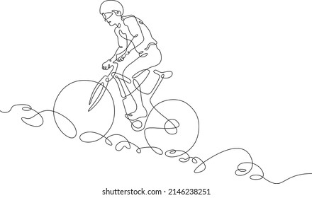 One continuous line. Cyclist on a bike in the mountains. Mountain bike. Extreme sport.Man cyclist.One continuous line drawn isolated, white background.