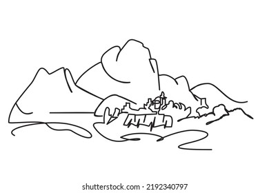 One continuous line of a dam drawing in mountainous waters. Vector illustration of dam, river, forest and mountain. Icon, symbol, logo and poster for beautiful and healthy natural environment.