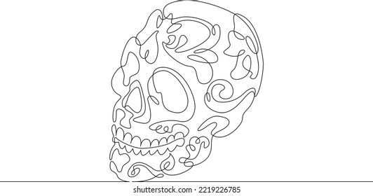 One continuous line. The day of the Dead. Sweet skull. Dia de Muertos. Halloween. Skull with flowers.One continuous line on a white background.