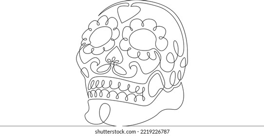 One continuous line. The day of the Dead. Sweet skull. Dia de Muertos. Halloween. Skull with flowers.One continuous line on a white background.