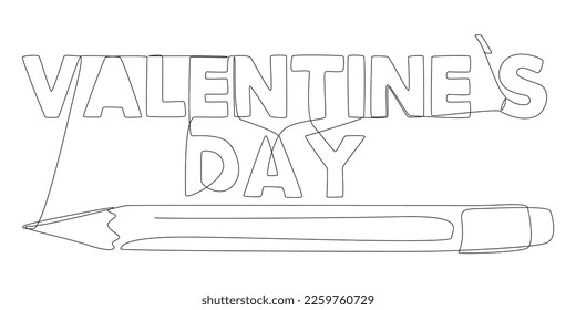 One continuous line of Valentine’s Day word written with a pencil. Thin Line Illustration vector concept. Contour Drawing Creative ideas.