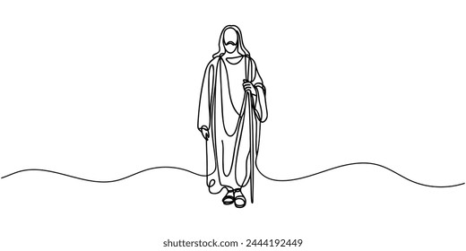 One continuous line depicts Jesus Christ. Isolated outline on a white background. Vector illustration