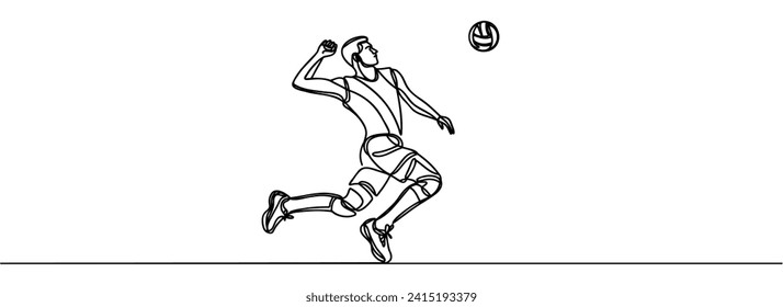 Una línea continua representa a un joven jugador profesional de voleibol en acción sirviendo la pelota en la cancha