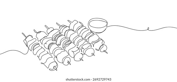 Um projeto de linha contínua de churrasco e xícara de molho. ilustração vetor Doodle estilo linear simples