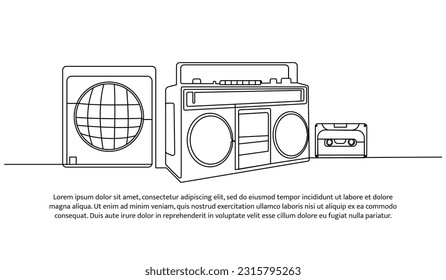 One continuous line design of classic electronic media. Decorative elements drawn on a white background.