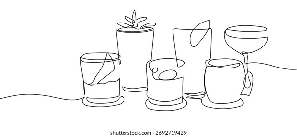 Un diseño de línea continua de cóctel y jugo conjunto de estilo lineal simple Doodle Ilustración vectorial