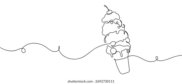 One continuous line design of delicious ice cream with a cherry on top. simple linear style Doodle vector illustration