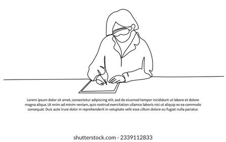 One continuous line design of a female scientist is analyzing the data. Decorative elements are drawn on a white background.