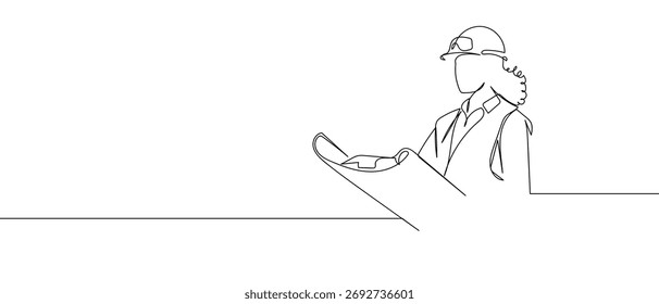 Ein durchgehender Linienentwurf einer Ingenieurin, die einen Bauplan liest. einfache lineare Stil Doodle Vektorgrafik