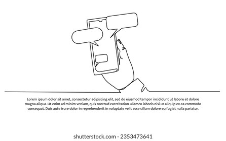 One continuous line design of hand holds the smartphone with messenger application. Decorative elements drawn on a white background.