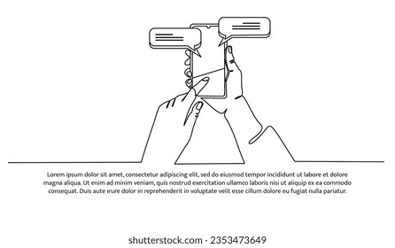 Un diseño de línea continua de mano contiene el smartphone con aplicación de mensajería. Elementos decorativos dibujados sobre un fondo blanco.