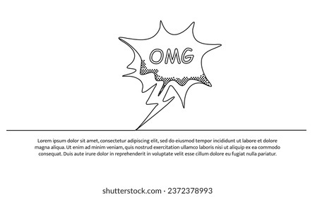 One continuous line design of simple OMG word speech bubble. Decorative elements drawn on a white background.