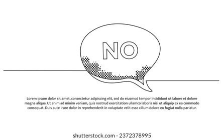 One continuous line design of simple NO word speech bubble. Decorative elements drawn on a white background.