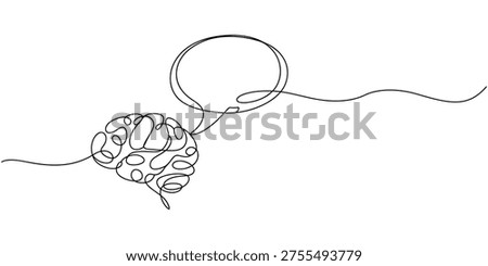 One continuous line design of speech bubble and human brain. Decorative elements drawn on a white background.