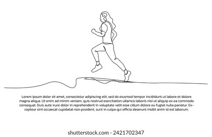 One continuous line design of a woman jogging. Single line decorative element drawn on white background.