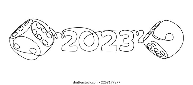 One continuous line of dice with the number 2023. Thin Line Illustration vector concept. Contour Drawing Creative ideas.