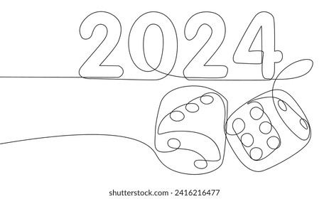 Una línea continua de dados con el número 2024. Concepto vectorial de Ilustración de líneas delgadas. Contour Drawing Ideas Creativas.