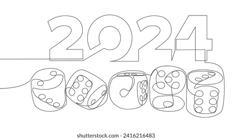 One continuous line of dice with number 2024. Thin Line Illustration vector concept. Contour Drawing Creative ideas.