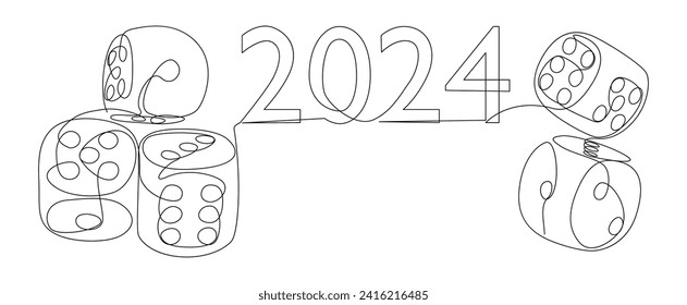 One continuous line of dice with number 2024. Thin Line Illustration vector concept. Contour Drawing Creative ideas.