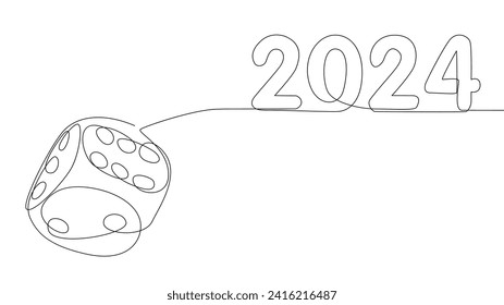 One continuous line of dice with number 2024. Thin Line Illustration vector concept. Contour Drawing Creative ideas.