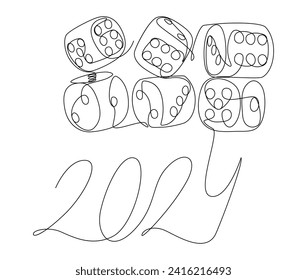 One continuous line of dice with number 2024. Thin Line Illustration vector concept. Contour Drawing Creative ideas.