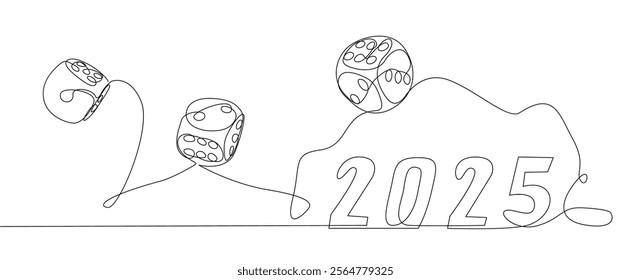 One continuous line of dice with number 2025. Thin Line Illustration vector concept. Contour Drawing Creative ideas.