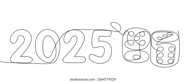 One continuous line of dice with number 2025. Thin Line Illustration vector concept. Contour Drawing Creative ideas.