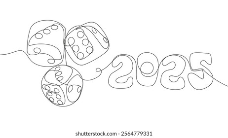 One continuous line of dice with number 2025. Thin Line Illustration vector concept. Contour Drawing Creative ideas.