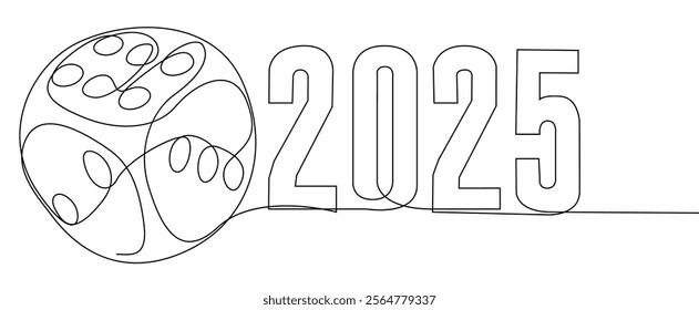 One continuous line of dice with number 2025. Thin Line Illustration vector concept. Contour Drawing Creative ideas.