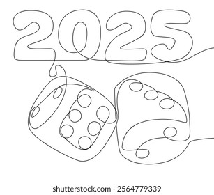 One continuous line of dice with number 2025. Thin Line Illustration vector concept. Contour Drawing Creative ideas.