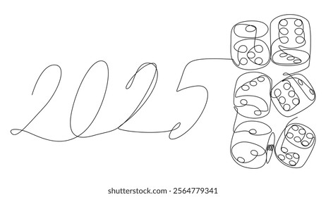 One continuous line of dice with number 2025. Thin Line Illustration vector concept. Contour Drawing Creative ideas.