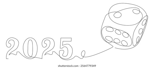 One continuous line of dice with number 2025. Thin Line Illustration vector concept. Contour Drawing Creative ideas.