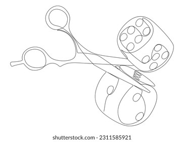 One continuous line of dice and scissor. Thin Line Illustration vector concept. Contour Drawing Creative ideas.