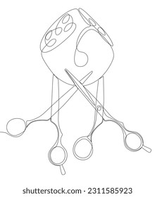One continuous line of dice and scissor. Thin Line Illustration vector concept. Contour Drawing Creative ideas.