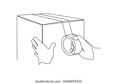 one continuous line draw of cardboard box packed with duct tape. Courier activity minimalist concept. Delivery at simple line design.
