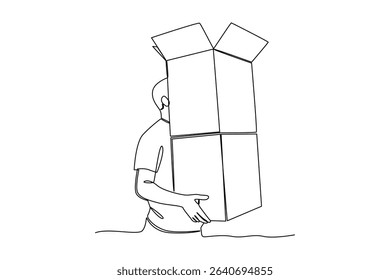 one continuous line draw of a courier is lifting a package. Courier activity minimalist concept. Delivery at simple line design.