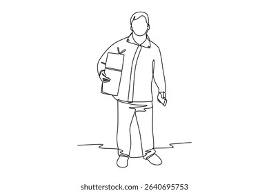 one continuous line draw of the courier brought the goods. Courier activity minimalist concept. Delivery at simple line design.