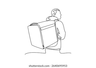 one continuous line draw of the courier carries the goods bag. Courier activity minimalist concept. Delivery at simple line design.