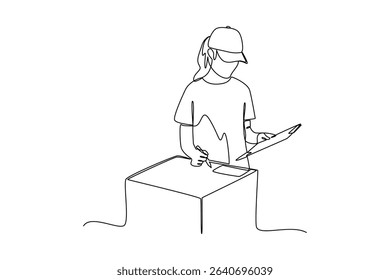 one continuous line draw of The courier checks the data on the goods. Courier activity minimalist concept. Delivery at simple line design.