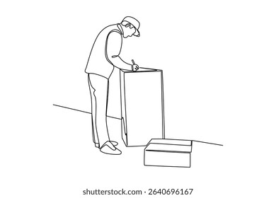 one continuous line draw of The courier makes a note on the box. Courier activity minimalist concept. Delivery at simple line design.