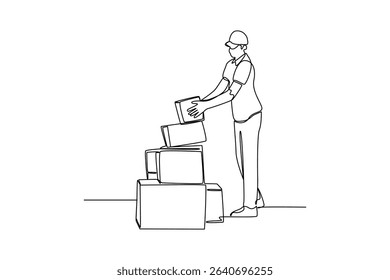 one continuous line draw of the courier stacks the boxes. Courier activity minimalist concept. Delivery at simple line design.