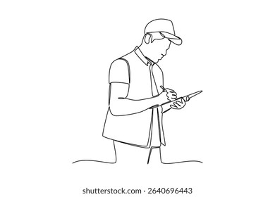 one continuous line draw of the courier wrote packages. Courier activity minimalist concept. Delivery at simple line design.
