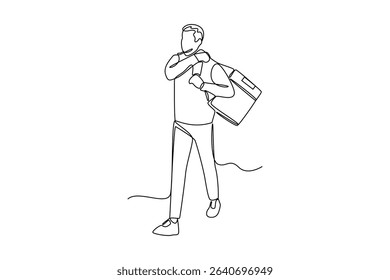 one continuous line draw of a courier deliver his package. Courier activity minimalist concept. Delivery at simple line design.