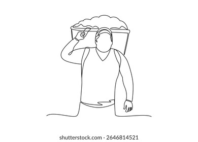 one continuous line draw of a farmer carrying his yields to home. Farmer minimalist concept. Harvest time concept. Harvesting.